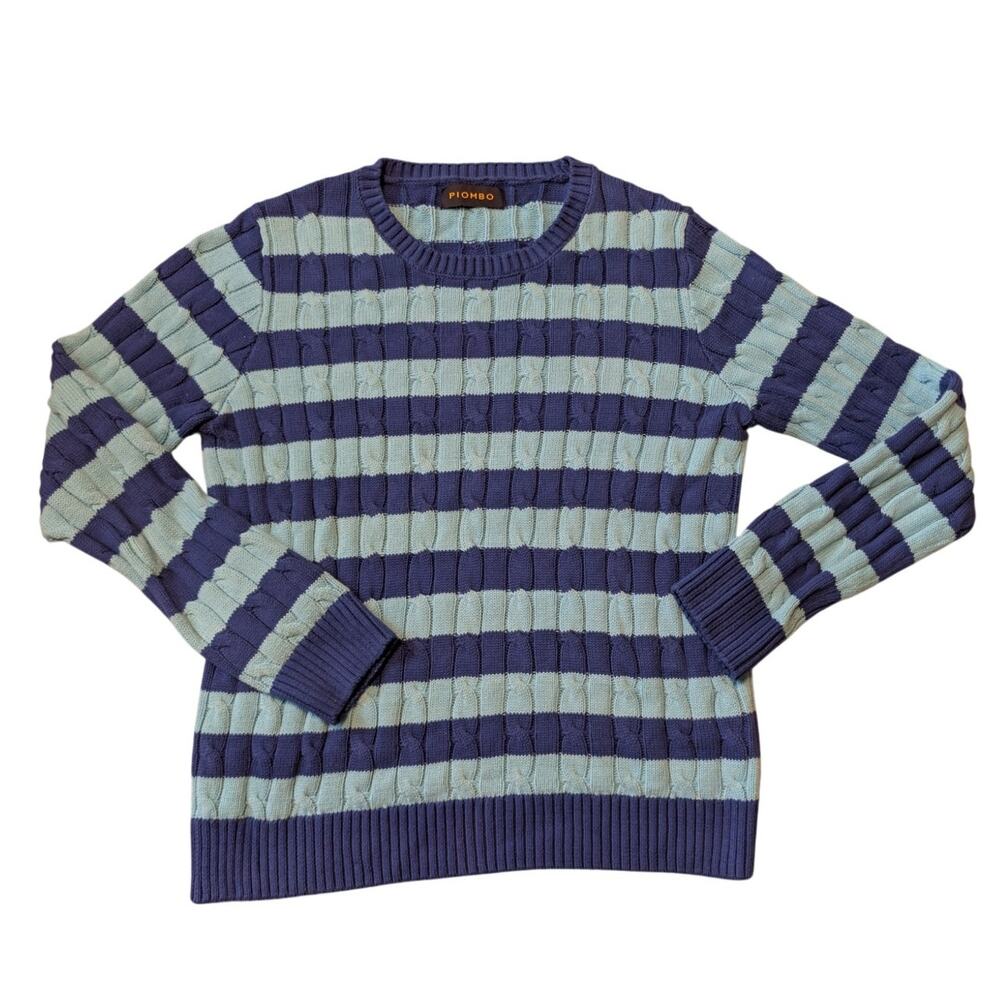 Piombo Women's Pullover Sweater Blue Aqua Striped Cable Knit Cotton Crewneck M/L